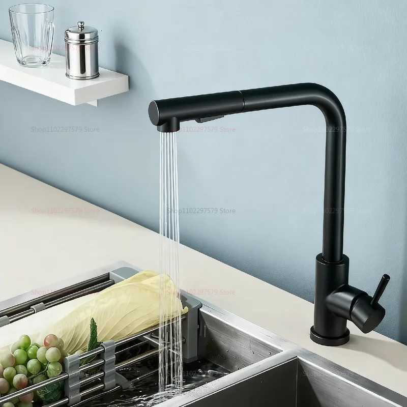 Black and Silver Pl Out Kitchen Faucet with Telescopic Spout Dual Spray Mode Stainless Steel Hot Cold Water Faucet for Kitchen Y251104