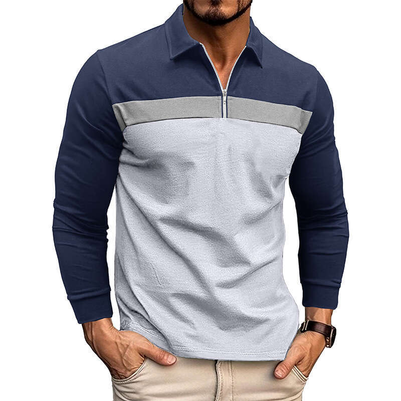 European American T-shirt for autumn winter 2025, collar color blocked polo men's long sleeved shirt, new 2025 style, chic and elegant clothing