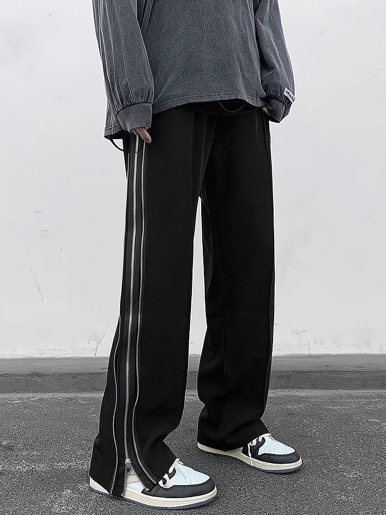 Streetwear Side Split Zipper Loose Casual Straight Pants for Men Outdoor Y2k Black Umbrella Trousers 250402