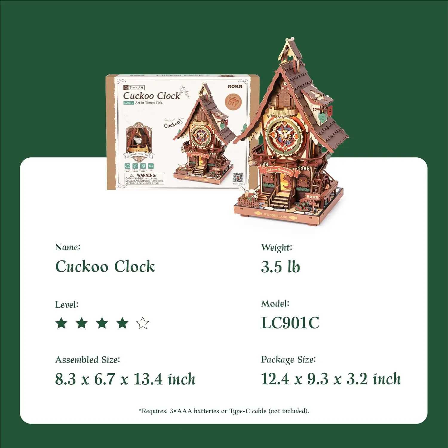 Robotime Rokr 3D Wooden Puzzle Cuckoo Clock Kit Black Forest Style with Working Bird DIY Clock Model Kit for Kids Adults Model C2511041