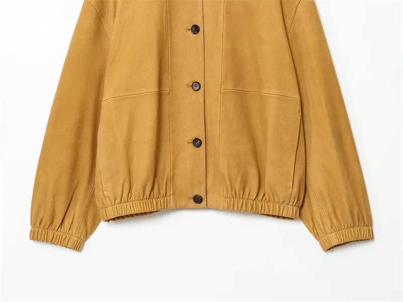 Womens Jacket 2025 New Bomber Jacket Leather Fabric Stand Collar Single Breasted Womens Casual High Street Coat J251103