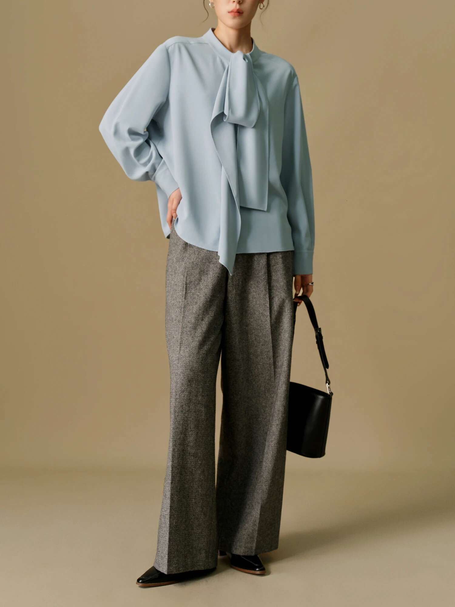 DUSHU Women Long Sleeve Blouses Winter Beige Commuter Shirts Tops Necke Ribbon Design Blue Drape Chiffon Shirt 24Dh84039