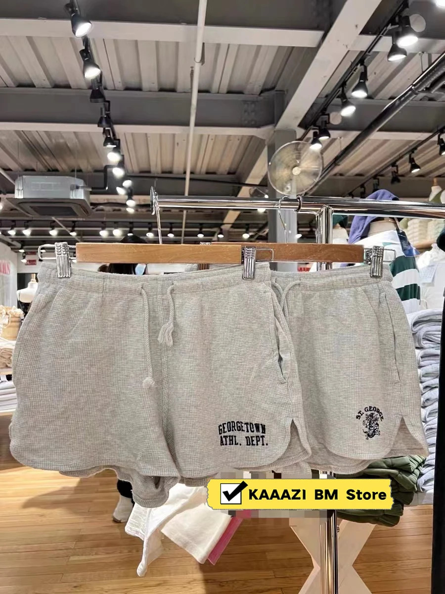 Women Waffle lattice Letter Embroidery Drawstring Sweatshorts Low Waist Raw Hem Loose Straight Shorts Casual Y2k Short Pants 250403