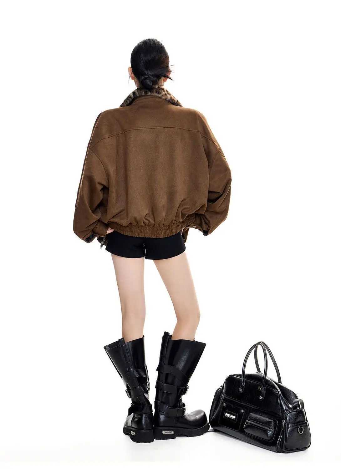 American Retro Spliced leopard Print Lapel Deerskin Fur Collar Jacket Autumn NEW Daily Casual Loose Version Trendy Top Women J251103