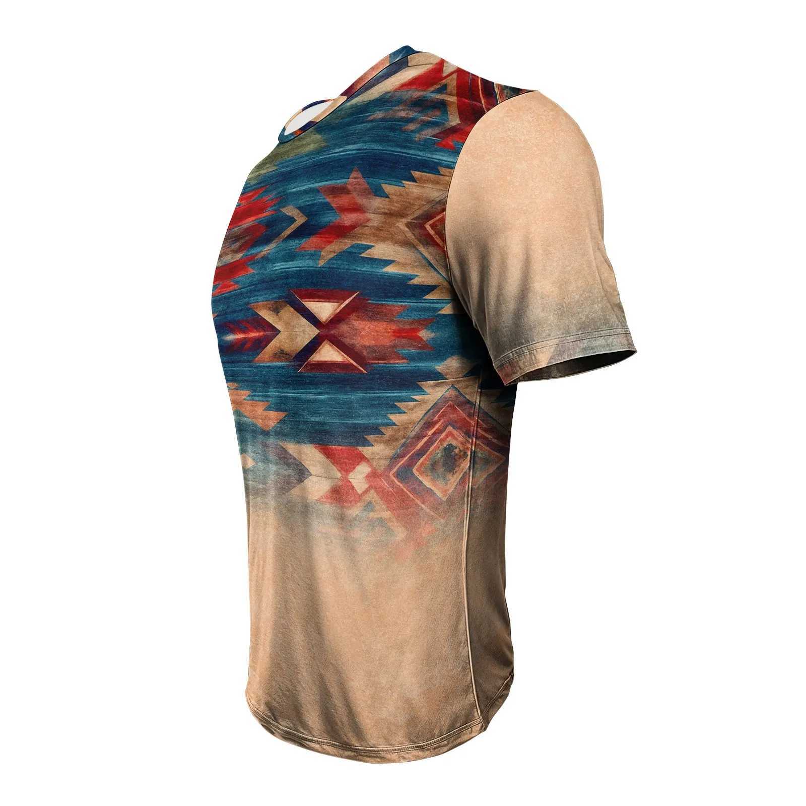 Mens retro T-shirt ethnic print short sleeved fashionable oil T-shirt bohemian style loose pattern suitable for daily wear W250403