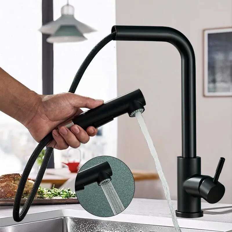 Matte Black Pl Out Kitchen Sink Faucet Two Model Stream Sprayer Nozzle Stainless Steel Hot Cold Wate Mixer Tap Deck Y251104