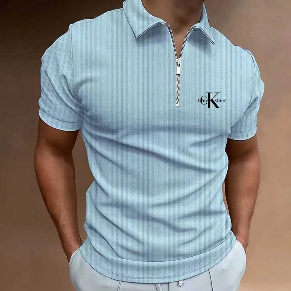 Summer Mens Striped Polo Shirt Short Sleeve Collar Zipper T-shirt and Mens Casual Street Mens Top W250403