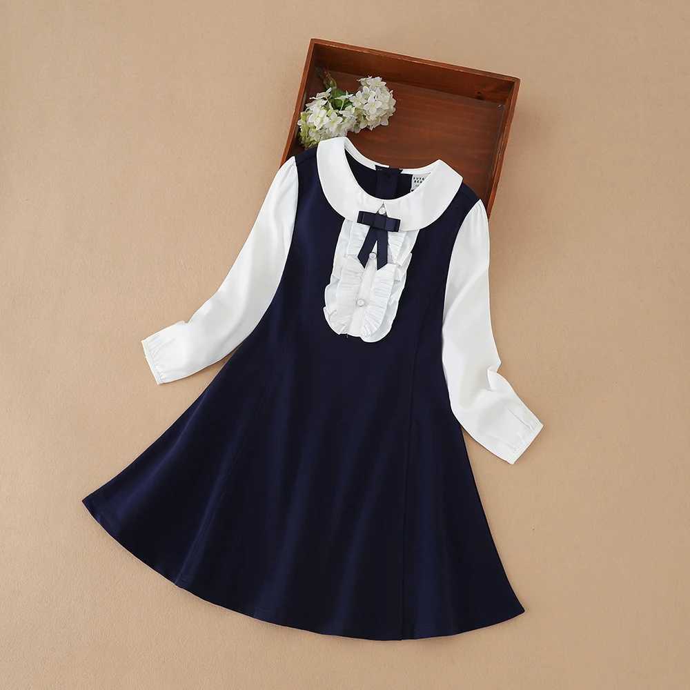 Girls Dresses 2025 Preppy Style Dresses Kids Ruffle Collar Long Sleeved Clothes Children Dresses with Bow for 5-12 Years C251104