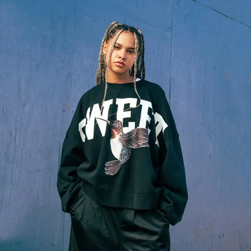 Fashion Menswear Europe and The United States Bieber Hummingbird Print Loose Round Neck Plus Fleece Hoodie Personality 250321