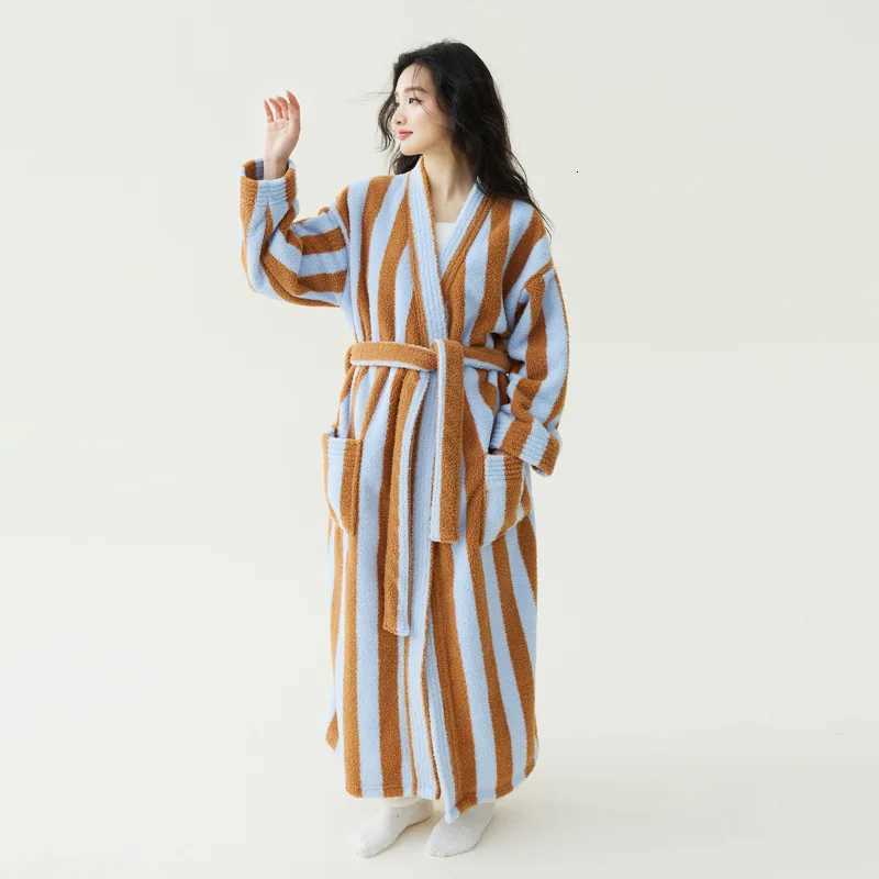 Thickened Flannel Robe Pants Pajamas Set Autumn Winter New Couple Coral Velvet Women Men Bathrobe Striped Lengthed Home Clothes C251104