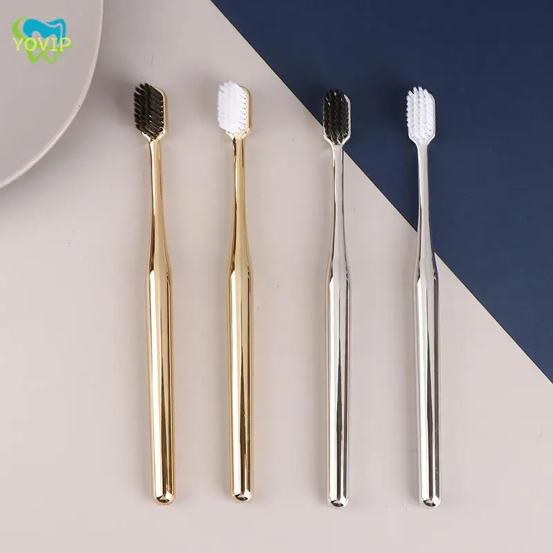 1Pc Soft Toothbrush Mens Adult Electroplated Silver Color 250325