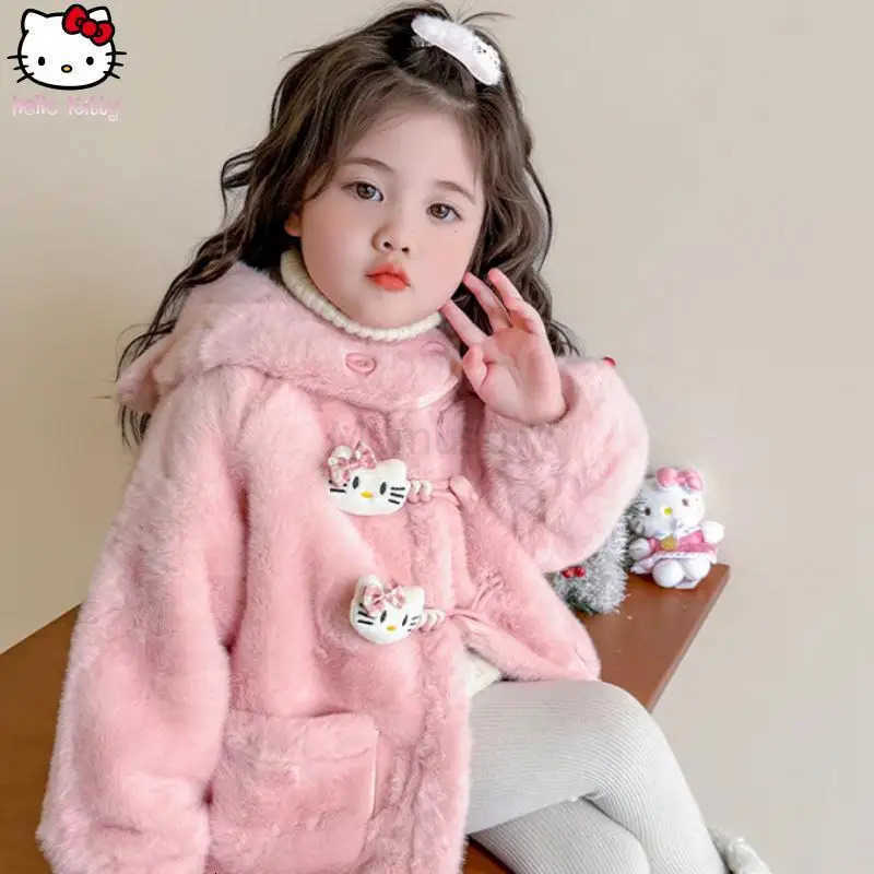 Sanrio Girls Hello Kitty Warm Hooded Jacket Kawaii Autumn Winter New Cartoon Anime Cotton Clothing Fashionable Thickened Coat H251104