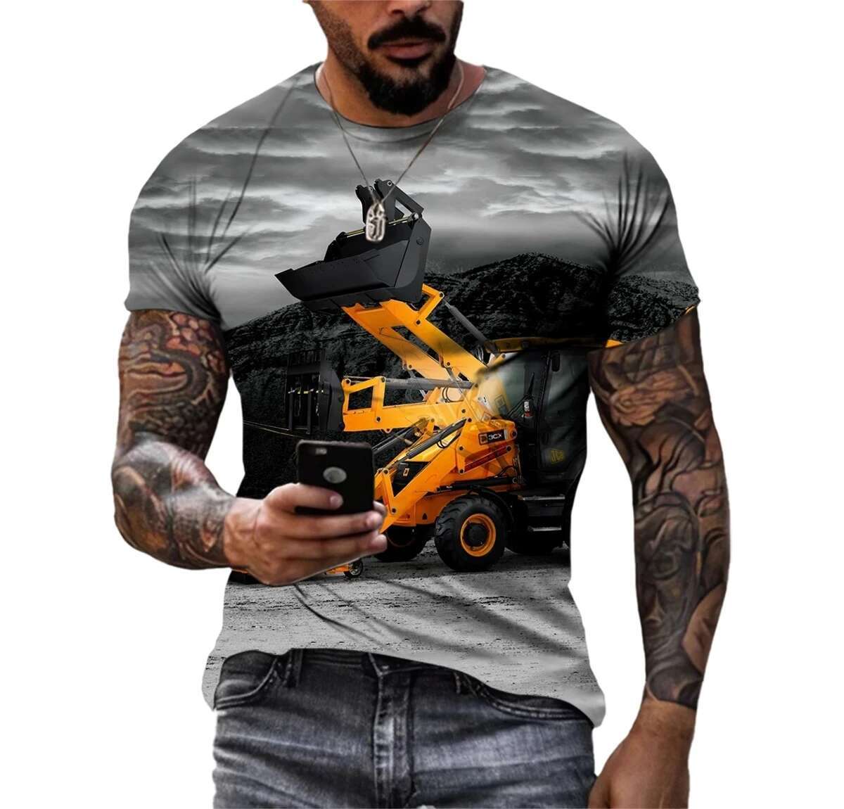 Summer Men's Personalized T-shirt nical Engineering Vehicle Graphics Excavator 3D Printing Short Sleeve Casual Round Neck T