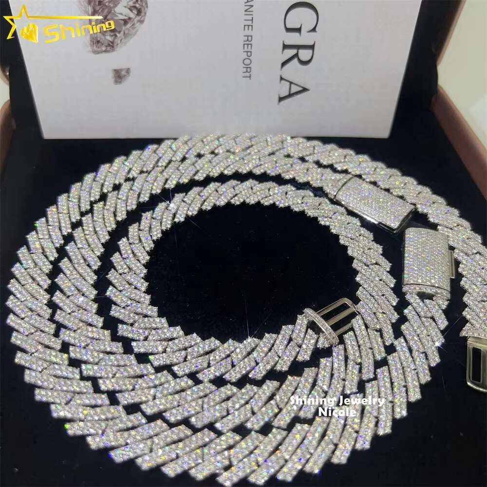 Custom Bling 925 Sterling Silver Miami Cuban Link 13mm Width Moissanite Cuban Chain Necklace