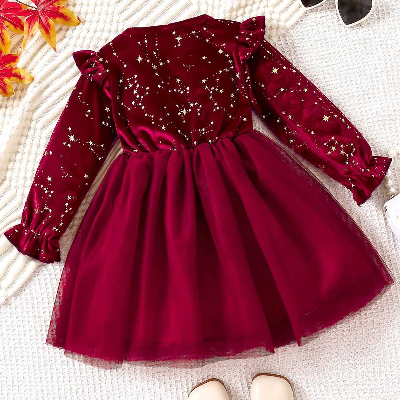Girl Dress Autumn Winter Velvet Long Sleeved Mesh Bow Princess Dress Childrens New Year Children Party Festive Dress For Girl C251104