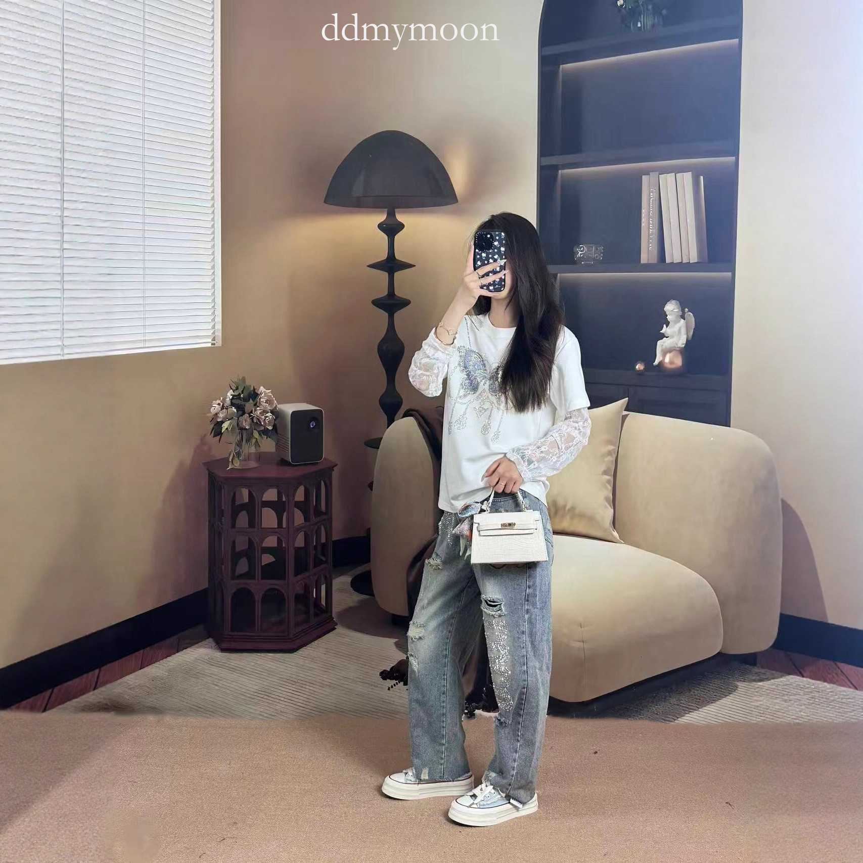 Summer Lace Short Sleeve Butterfly Rhinestone Loose T-Shirt White Patchwork Fake Two-Piece Top Women's Fashion Versatile ddmymoon