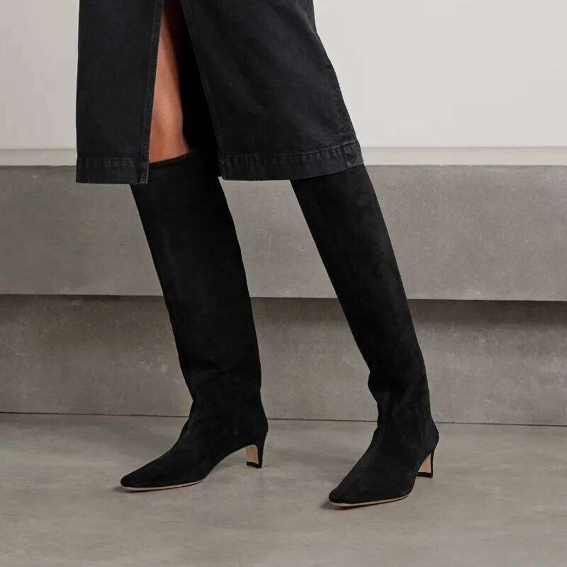 New Autumn Winter Square Toe Low Heeled Suede Long European and American Fashion Black Brown Minimalist Knee High Boots