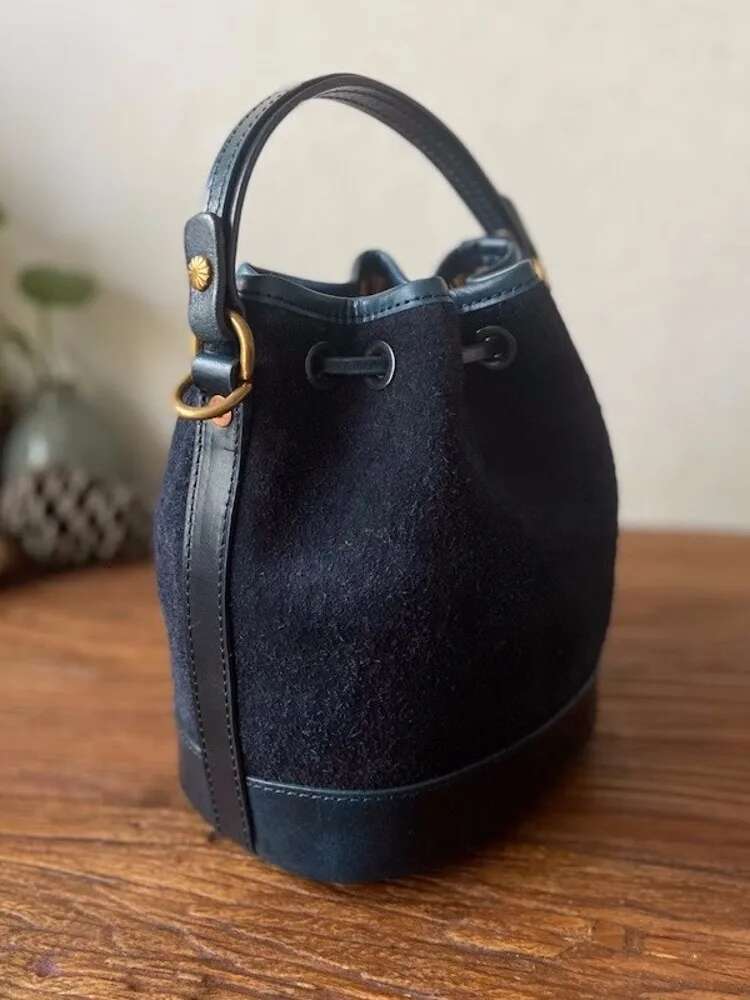 Vintage Handmade Women Cow Suede Leather Bucket Small String Shoulder Casual Totes Handbag Patchwork Strap Crossbody Bag