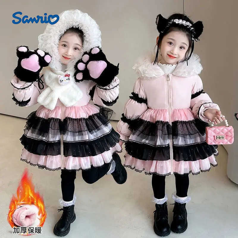 Sanrio Anime Hello Kitty Girl Lolita Long Down Jacket Dress Winter Thick Coat Bow Decoration Birthday Dress Halloween Gift H251104