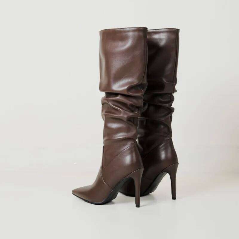 New Black Brown Pleated Lazy Long European American Style 10cm High-heeled Pointed Autumn Winter Women Knee High Boots 43