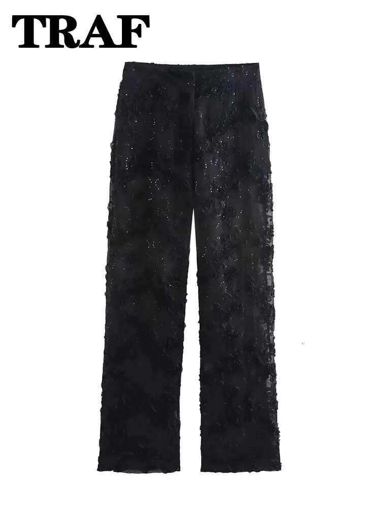 TRAF Elegant Sets Solid Color Sequin Decorative Semi Transparent Pants Wer Texture Blazer Top Set For Women 2 Piece