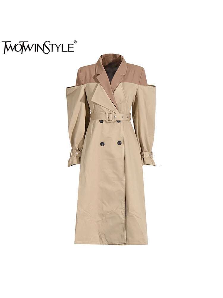 TWOTWINSTYLE Hit Color Elegant Trenches For Women Notched Collar Sleeve Patchwork Belt Long Trench Female Fashion Clothing