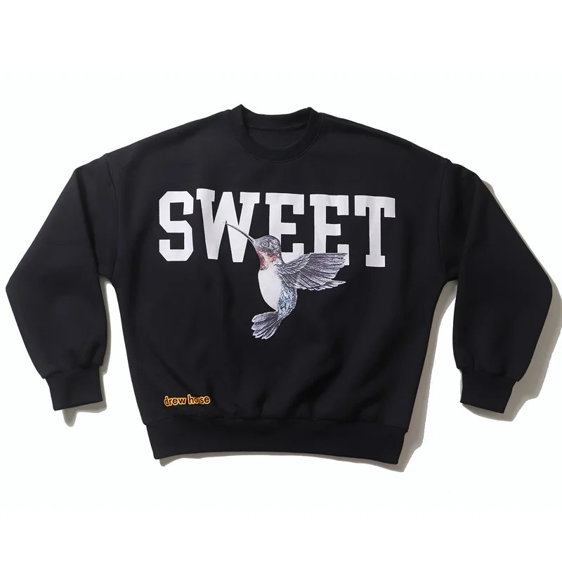 Fashion Menswear Europe and The United States Bieber Hummingbird Print Loose Round Neck Plus Fleece Hoodie Personality 250321