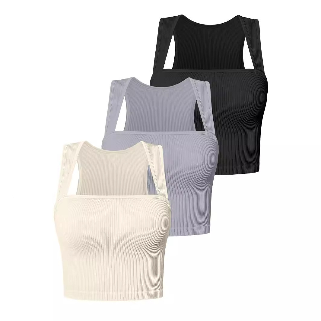 2025 TEMU Summer New Women's Sleeveless Square Neck Elastic T-shirt with Umbilical Strap Tank Top