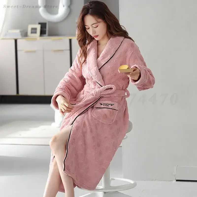 Large Size 4XL Bathrobe Kimono Gown Winter Flannel Long Sleeve Robe with Pocket Women Thicken Sleepwear Home Clothing Loungewear C251104