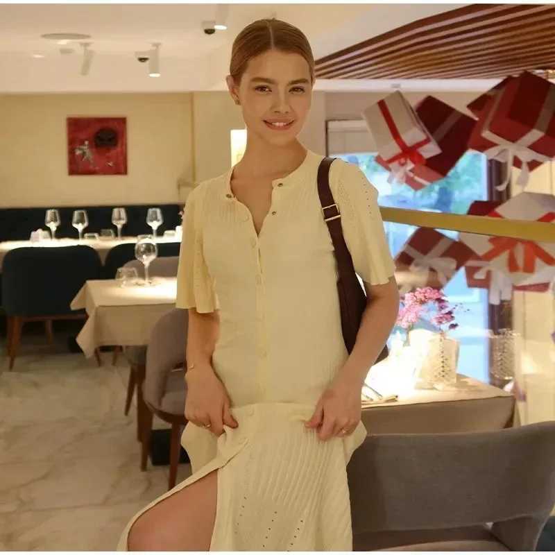 Elegant Knitted Single Breasted Midi Dress Womens Fashion Patchwork Curvy Dresses Female Casual 2025 Spring Summer Apricot New X250403