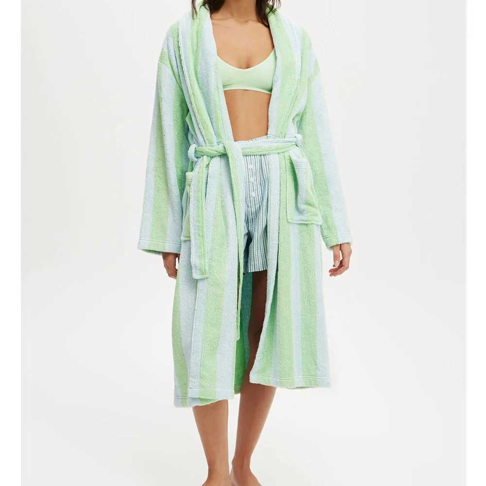 Womens Autumn Winter Shawl Robe Plush Striped Bathrobe with Pockets Long Sleeve Knee Length Nightgown Sleepwear Robes Loungewear C251104