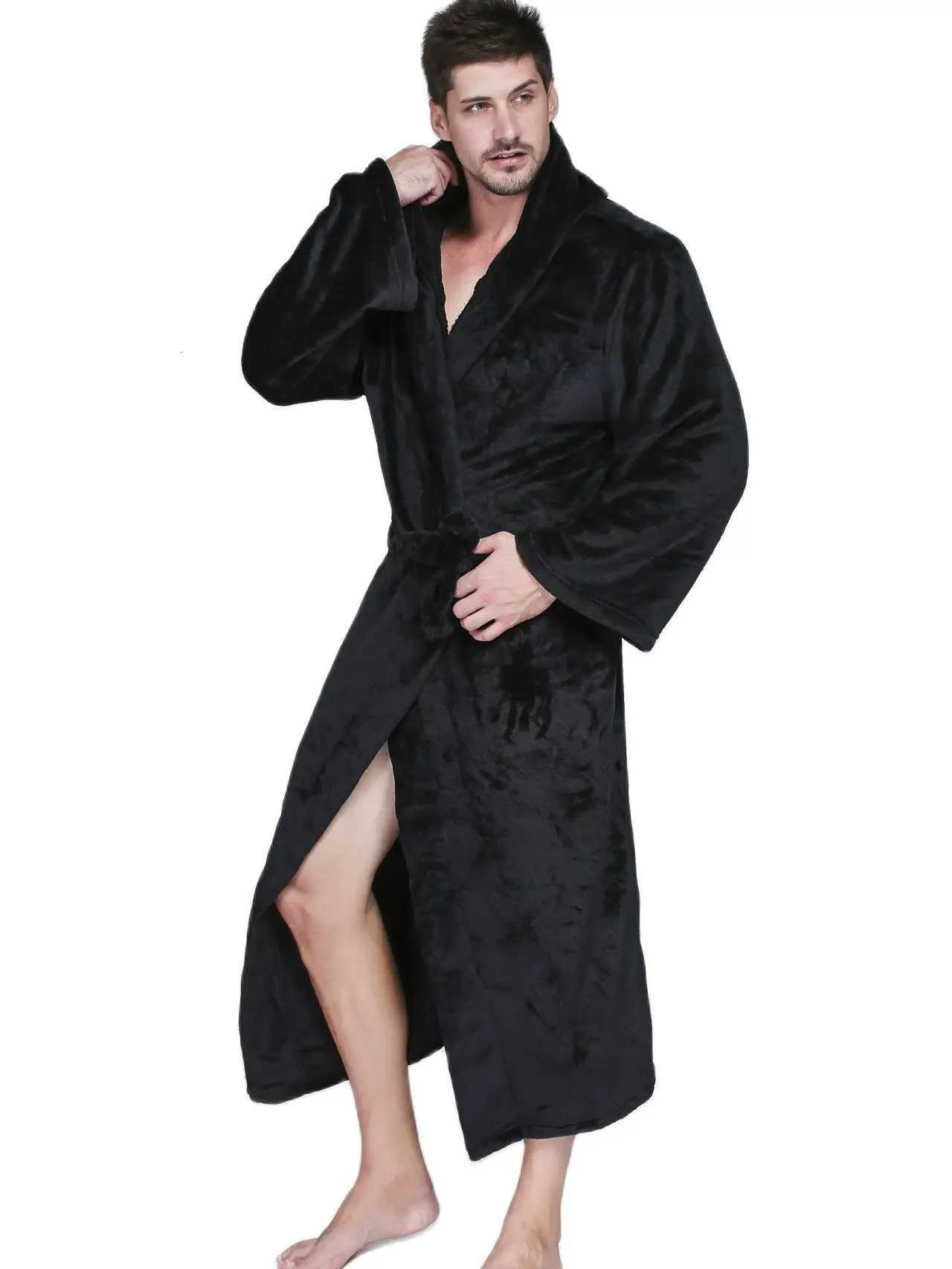 Mens Autumn Winter Warm Plus Size Hooded Long Flannel Fleece Bathrobe Male Black Jacquard Sexy Cozy Robes Night Sleepwear Gown C251104