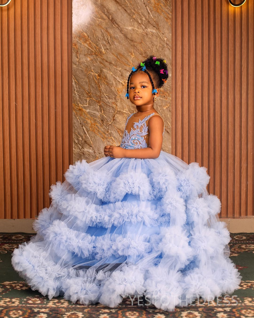 2025 Aso Ebi Blue Flower Girl Dresses Children Birthday Dress Illusion Feather Sheer Neck Appliqued Lace Tiered Tulle Princess Queen Ball Gown For Mar