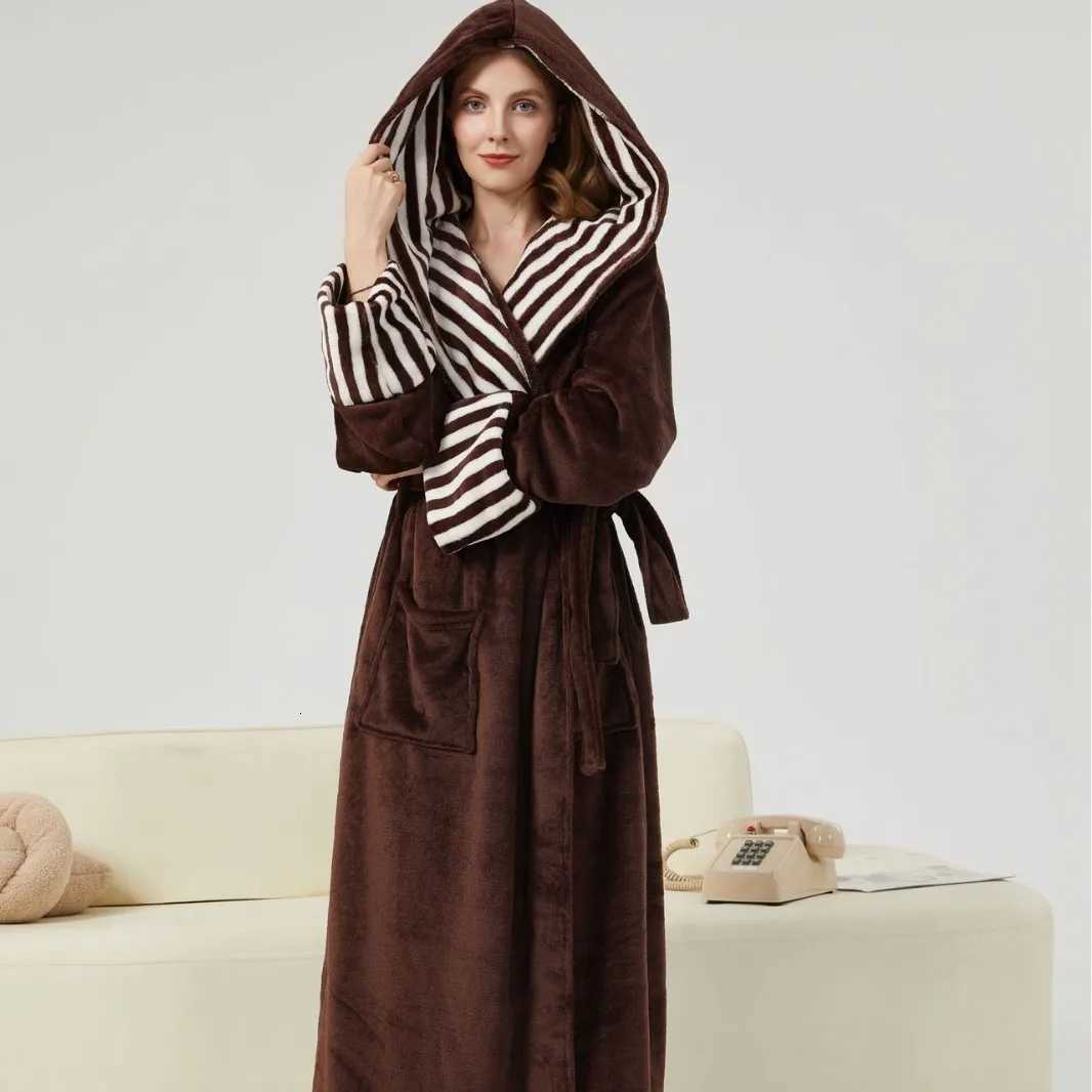 Autumn Winter New Couple Long Robe Flannel Stripe Sleepwear Home Clothes Loose Hooded Bathrobe Nightwear Coral Fleece Loungewear C251104