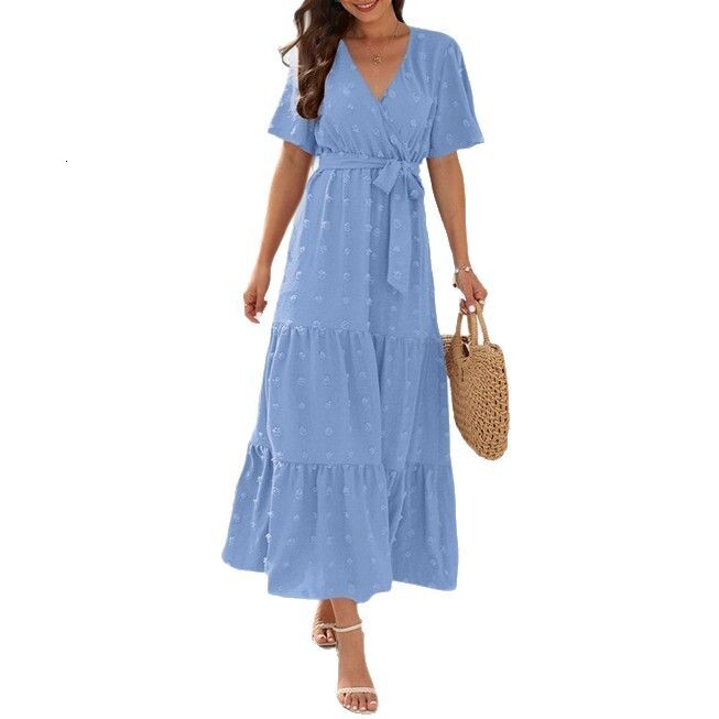 Womens 2025 Summer Bohemian Vacation Style Casual Loose Elegant V-neck Dress