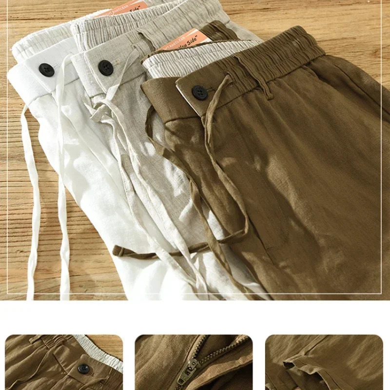 Summer Pure Linen Casual Trousers for Men Thin Drawstring Streetwear Men Pants C3583 250402