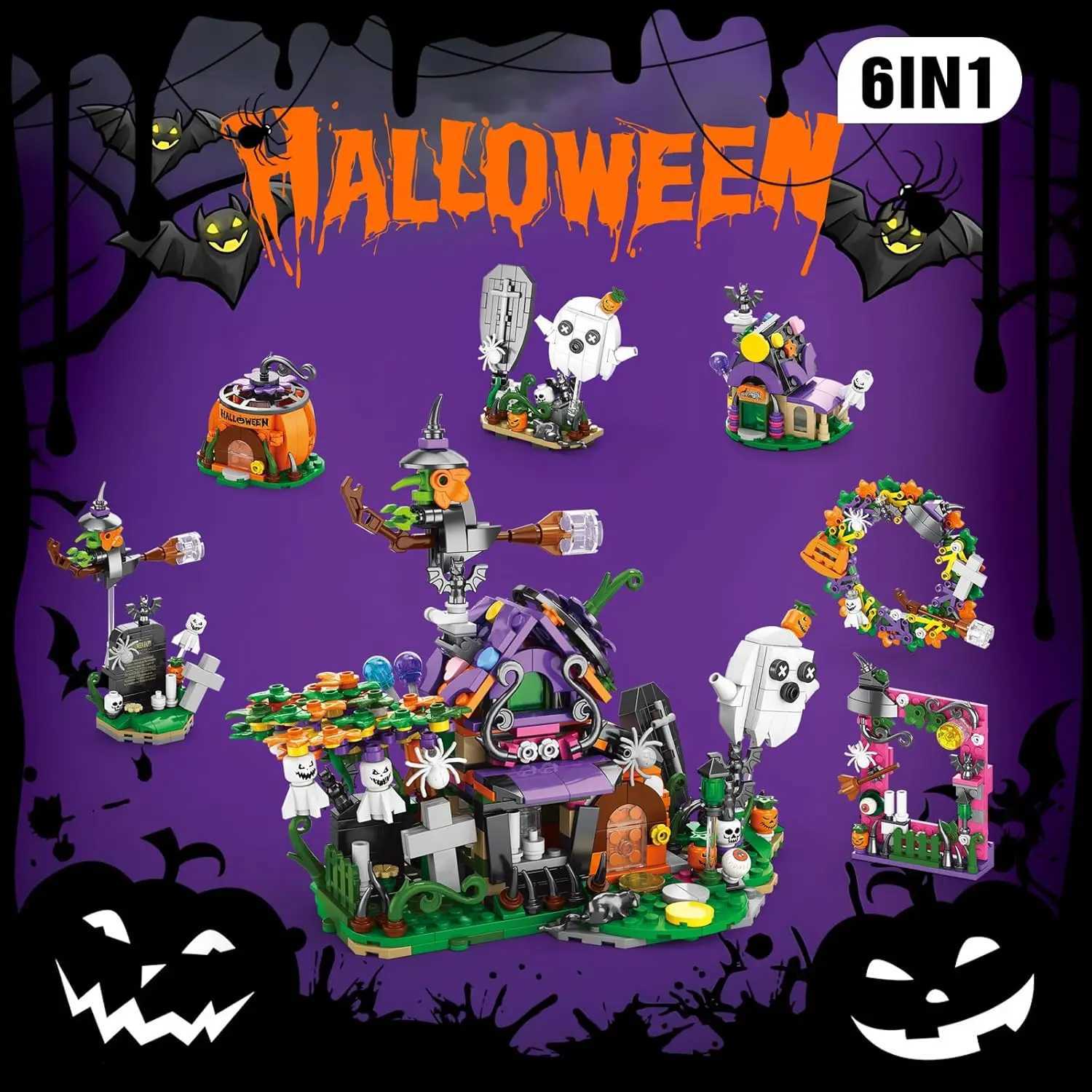 6 in1 Halloween Prank Haunted House Building Block Set Small Particle Assembly Model Puzzle Toy Holiday Gift C251104