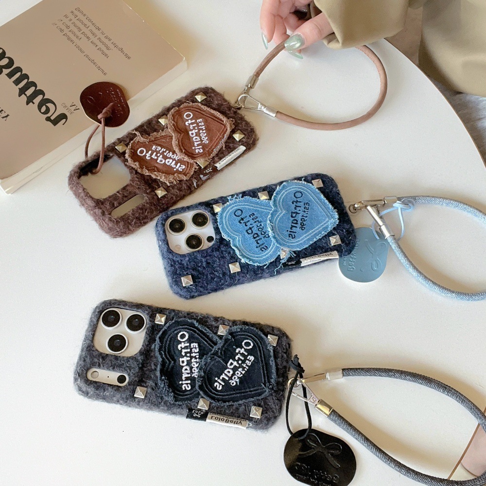 Punk Style Rivet Heart Patch Phone Case Compatible with iPhone 17/16 Pro Velvet Case iPhone 15/14 Cartoon