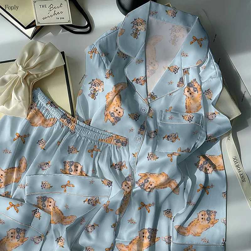 Designer Cartoon Cat Print Women Pajamas Two-piece Spring and Autumn Faux Silk Satin Pyjamas Ladies Pijama Sleepwear Women Loungewear Y251104
