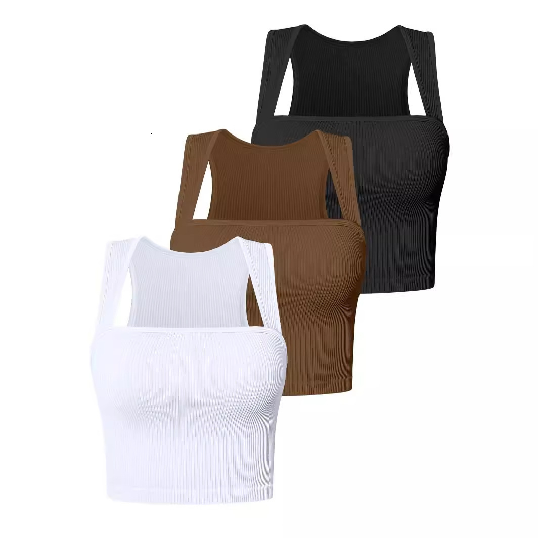 2025 TEMU Summer New Women's Sleeveless Square Neck Elastic T-shirt with Umbilical Strap Tank Top