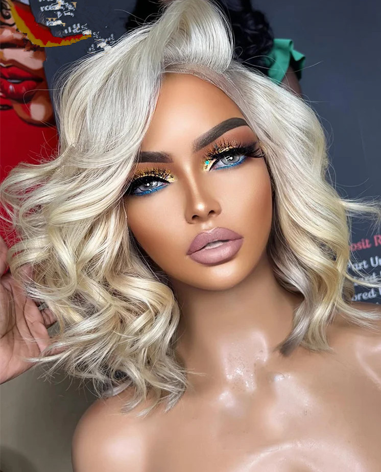 Braziilian raw virgin Platinum Ash Blonde Full lace Bob short wavy 5x5 Lace Closure Human Hair Wig side part 613 Transparent Lace Front Wig For Women