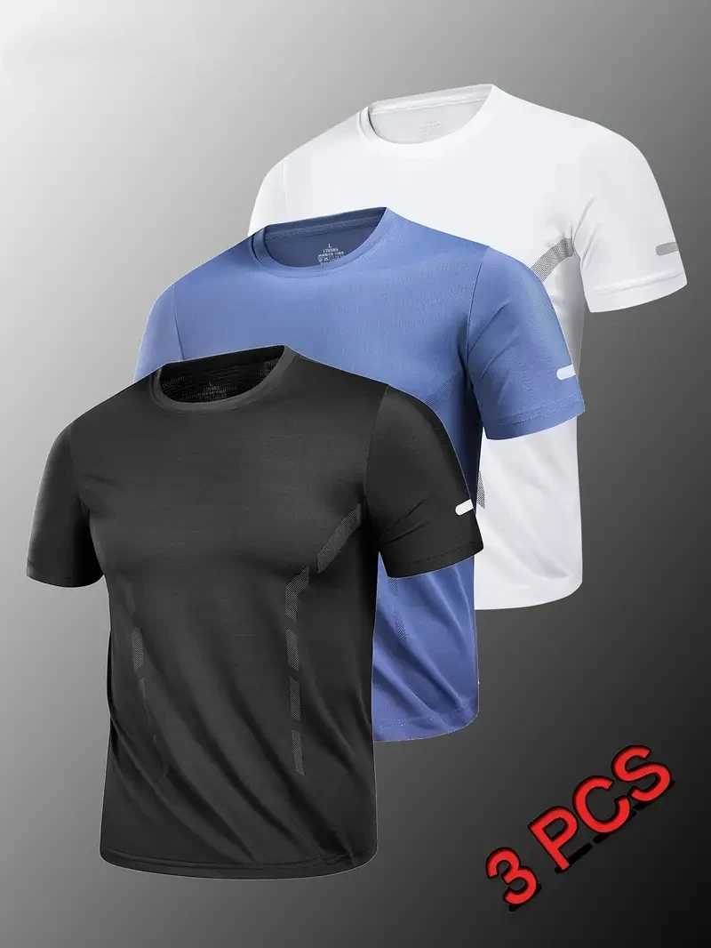 Three Piece Set Tee Simple Solid Color Style Mens T shirt Fashion Quick Dry Loose Short Sleeve Summer Casual O-neck Sports Tops W250403