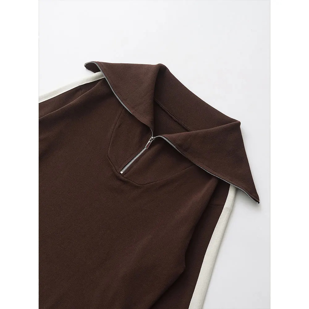 DUOPERI Women Fashion Brown Pullover Sweatshirts Casual Lapel Neck Long Sleeves Female Chic Lady Tops 250403