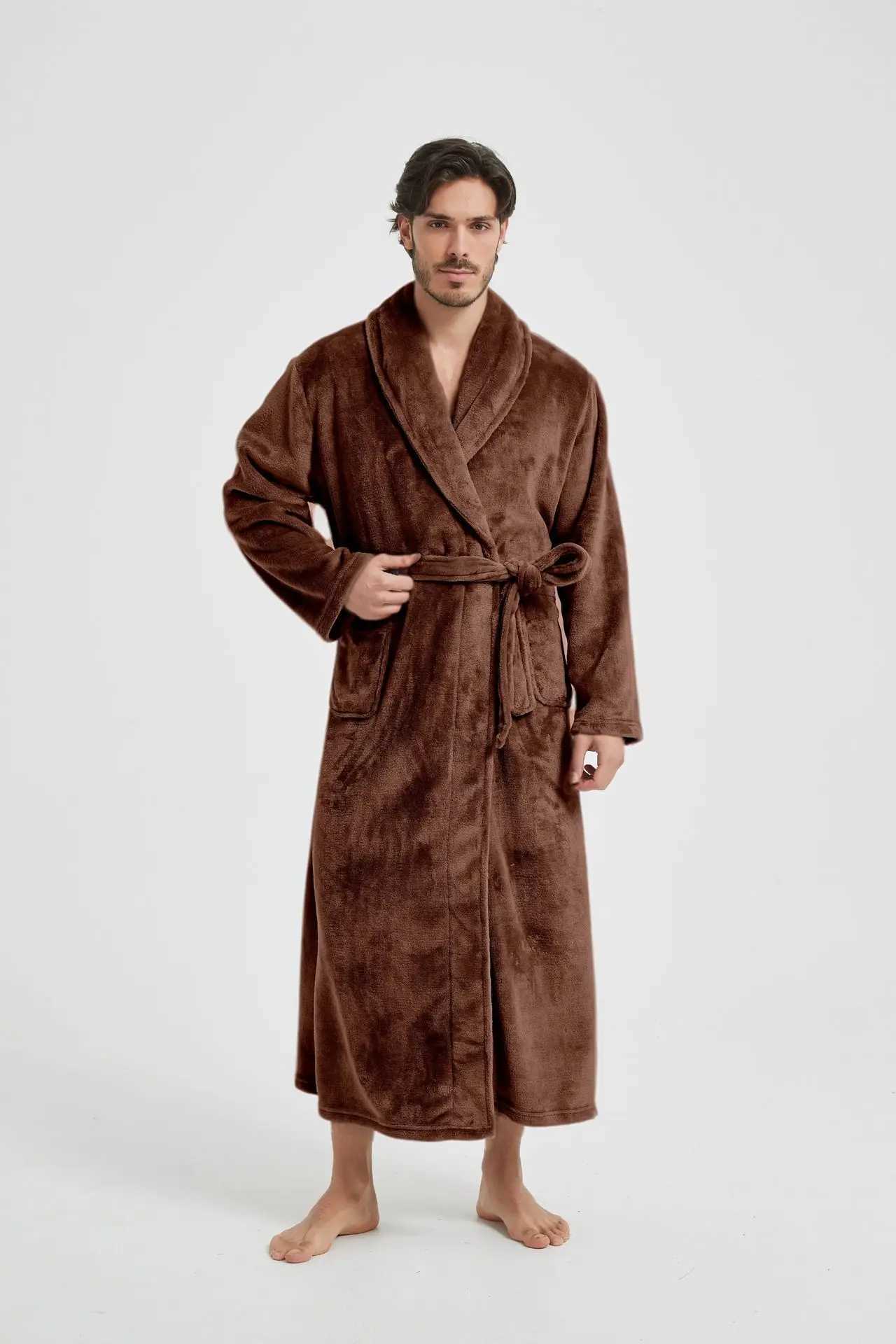 Male Lapel Coral Velvet Bathrobe Nightgown Lounge Homewear Men Autumn Winter Warm Flannel Warm Robe Thicken Nightwear Sleepwear C251104