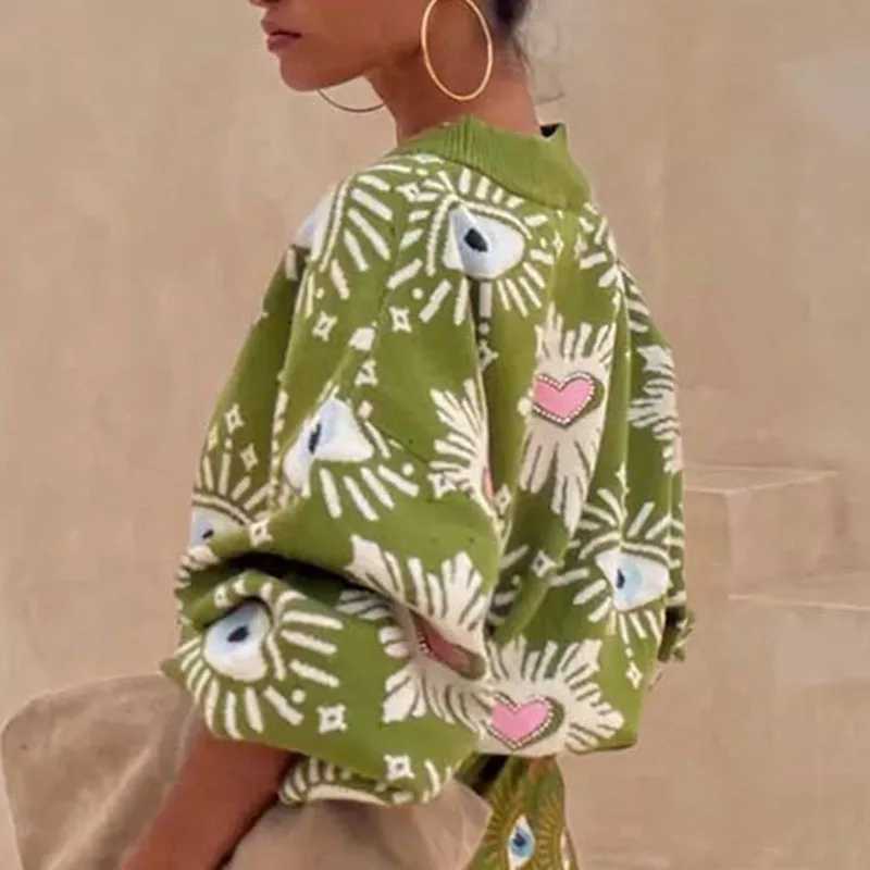 Vintage Geometric Print Sweater Cardigan Woman Elegant Single Breasted V Neck Jacket Autumn Long Sleeve Loose Knitwear Top Mujer J251103