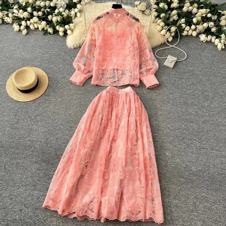 Elegant 2 Piece Long Dress Women Skirt Set Summer Autumn Flower Embroidery Hollow Out Lace Shirt A Line Midi Skirt Party Dresses 250403
