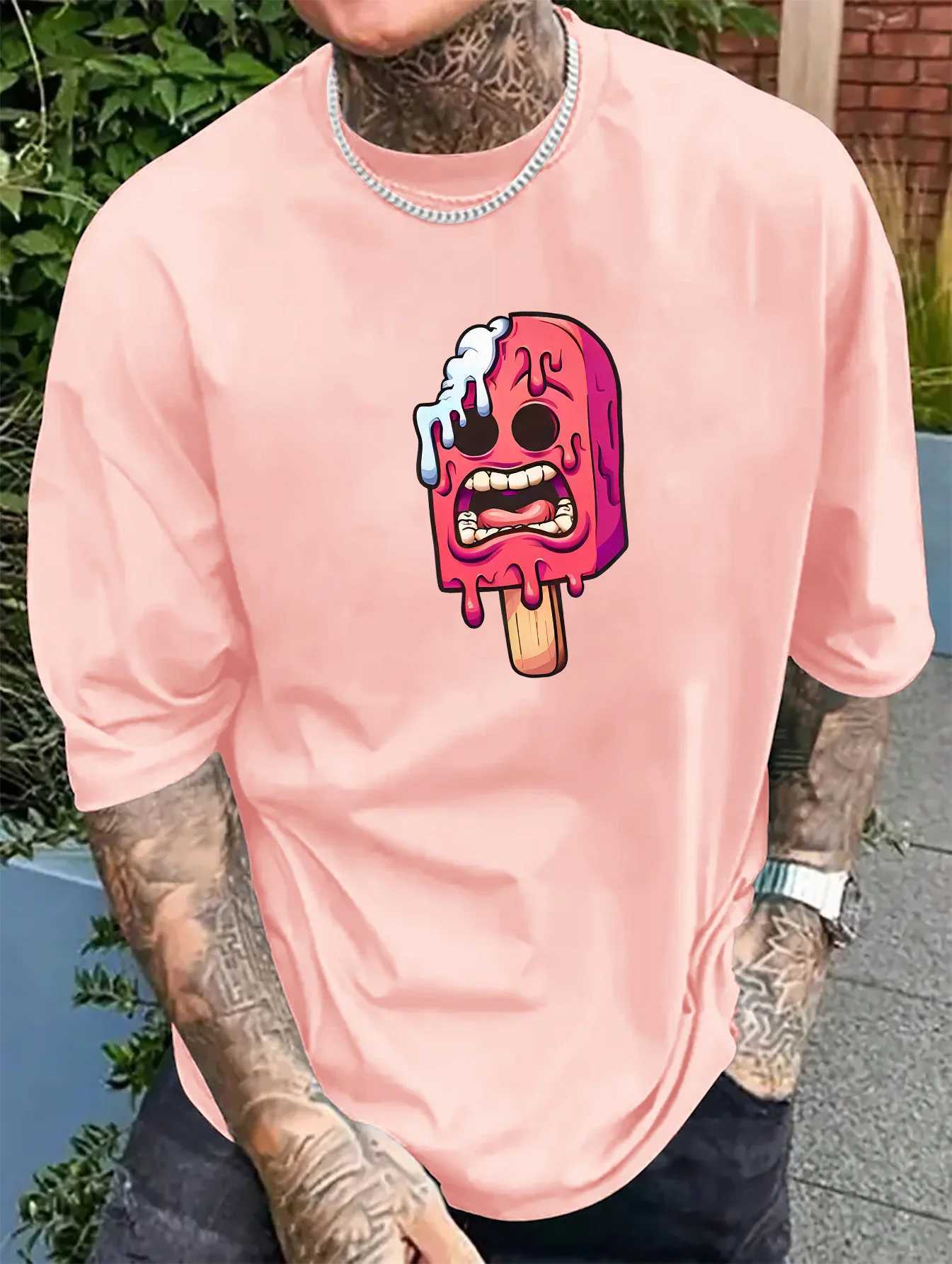 Mens Pink Ice Stick Graphic T-shirt - Fun Cartoon Design Casual and Comfortable Polyester Fiber Short Sleeve Retro Summer Top W250403