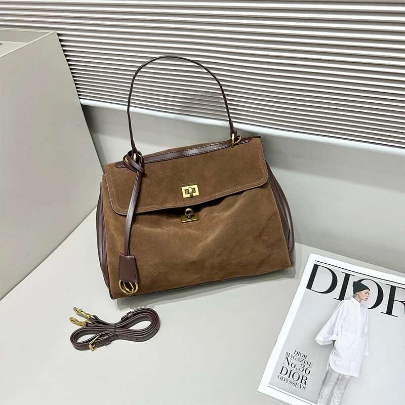 Retro Suede Crossbody Shoulder Bag,Brown Large Capacity Buckle Square Women Handbag,Autumn Winter Commuter Messenger Bags