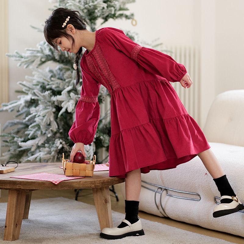 D633 Girls' Dress 2024 Autumn/Winter Korean Style Corduroy Cake Dress Lantern Sleeve Christmas/New Year Dress for Medium and Large Children