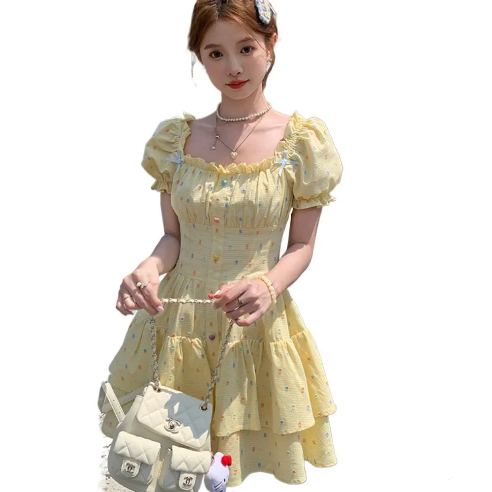 High Quality Selling Yellow Square Neck Bubble Sleeve Polka Dot Dress Women French Sweet Waist Cinching Dress Vestido Y2k 250403